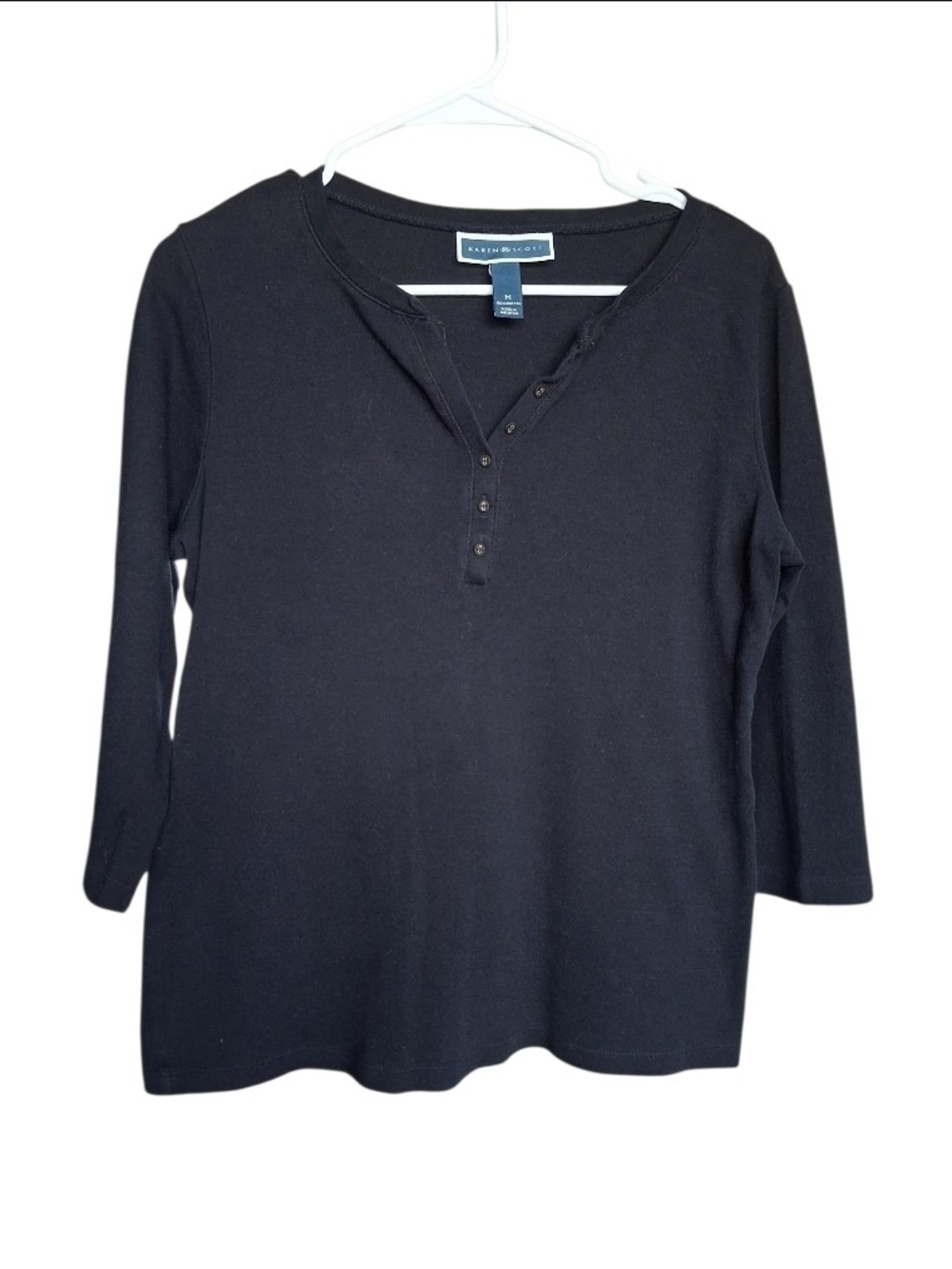 Karen Scott Black Button Henley Long Sleeve Top 3/4 Sleeves Size M